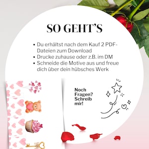 K&ouml;nnte beinhalten: Ein wei&szlig;er Hintergrund mit dem Text "SO GEHT'S" und Illustrationen von Herzen, einem Teddyb&auml;r, einem Cupcake und einem Schl&uuml;ssel. Rote Rosenbl&auml;tter sind am unteren Rand verstreut.