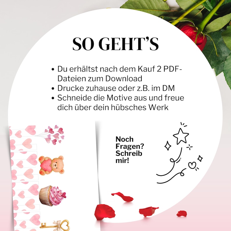 K&ouml;nnte beinhalten: Ein wei&szlig;er Hintergrund mit dem Text "SO GEHT'S" und Illustrationen von Herzen, einem Teddyb&auml;r, einem Cupcake und einem Schl&uuml;ssel. Rote Rosenbl&auml;tter sind am unteren Rand verstreut.