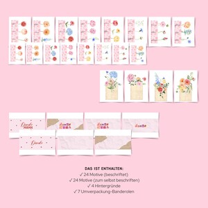 Puede incluir: Un conjunto de tarjetas de felicitaci&oacute;n florales con arreglos florales y fondos rosas. Algunas tarjetas tienen el texto "Danke Mama" y "Danke". La imagen tambi&eacute;n incluye texto en alem&aacute;n que describe el contenido del conjunto.