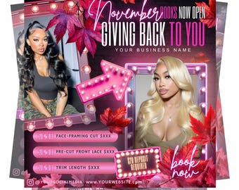 November Booking Flyer Canva Fall Beauty Flyer Template Hair Special Flyer Bundle Hair Salon Price List Nail Lash Flyer Wigs Braids Pink Mua