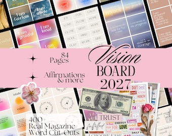 Può includere: Un kit per vision board digitale per il 2027 con 84 pagine di affermazioni e oltre 400 ritagli di parole da riviste. La collezione include varie carte con sfumature colorate e testo, decorazioni floreali, una banconota da 100 dollari e frasi.