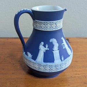 Antique Wedgwood Blue Jasperware Pitcher Neoclassical Relief Jug England 1891 1908