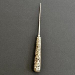 Vintage Sterling Handle Bar Tool Floral Repousse Serving Skewer Vintage Barware Roses