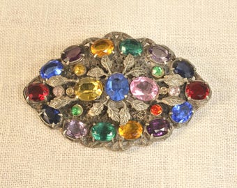 Vintage Multicolor Rhinestone Brooch Large Statement Pin Silver Tone Filigree Leaf Detail 1970s