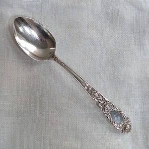 May include: A silver spoon with a floral design on the handle rests on a white linen napkin. The spoon's bowl reflects the light, and the handle features detailed rose and leaf patterns. The napkin has a delicate, scalloped edge.