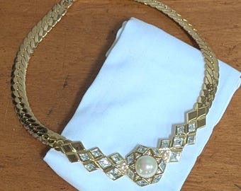 Vintage Christian Dior 1980s Pearl Crystal Collar Necklace Signed C Dior Gold Tone Statement Choker
