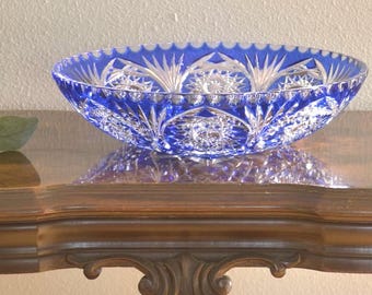 Vintage Czech Bohemian Cobalt Cut to Clear Crystal Centerpiece Bowl Art Glass