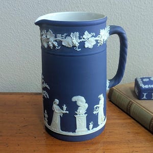 Antique Wedgwood Portland Blue Dipped Jasperware Pitcher Classical Relief England 1891 1908