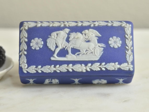 Antique Blue White Trinket Box Wedgwood Jasperware English Cottage Decor Vanity Decor