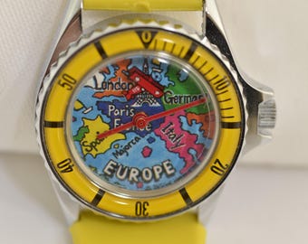 Vintage Europe Map Watch with Moving Airplane Travel Watch Wind Up Novelty Watch