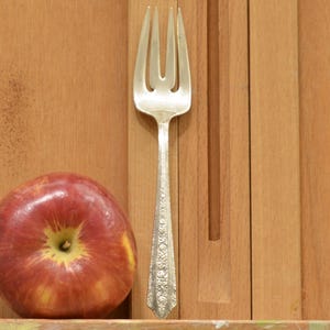 May include: A shiny silver fork with a decorative handle stands next to a red apple with yellow highlights. The fork has four tines and is placed against a wooden background. The apple is round and has a green stem.