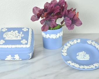 Vintage Wedgwood Blue Jasperware Set Trinket Box Ashtray Desk Decor White Relief Neoclassical England