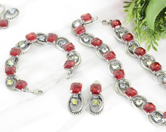 Vintage Rhinestone Jewelry Set Red Green AB Stones Necklace Bracelet Earrings Holiday Parure Estate Gift