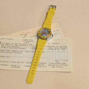 Novelty travel themed wristwatch with illustrated Europe map face, moving red airplane accent, and vintage souvenir style design