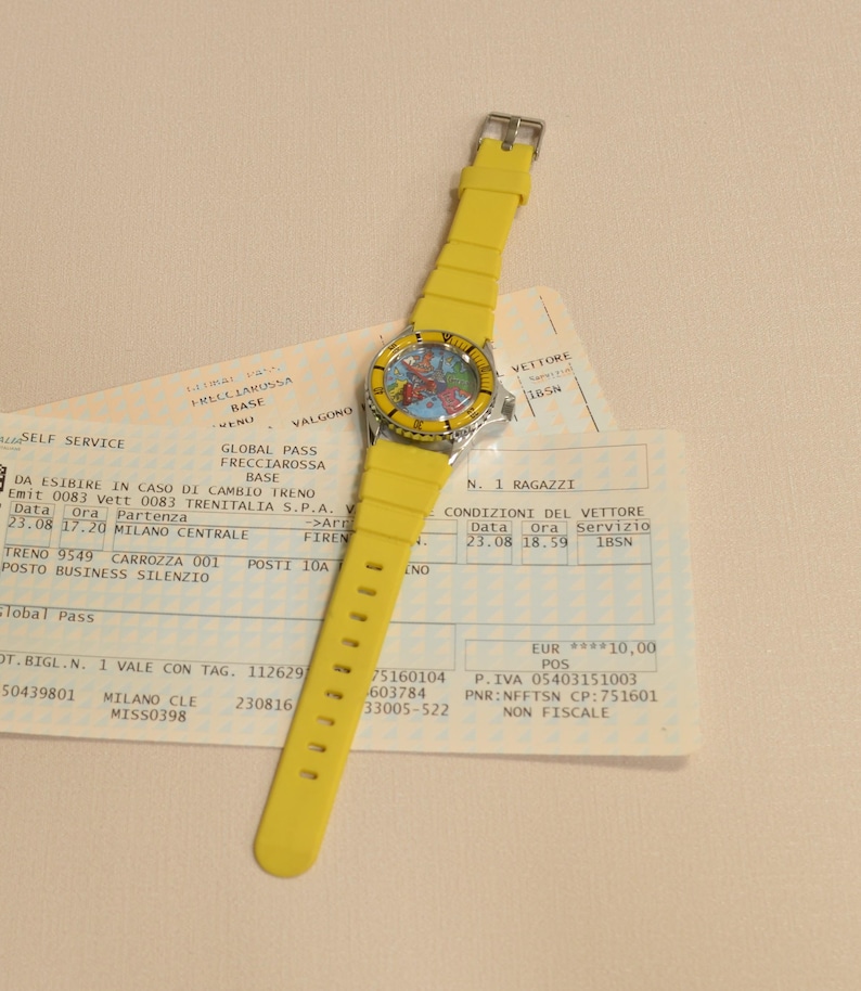 Novelty travel themed wristwatch with illustrated Europe map face, moving red airplane accent, and vintage souvenir style design