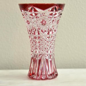Ruby Cut to Clear Crystal Vase Densely Cut Geometric Overlay Heavy Faceted Glass Decor