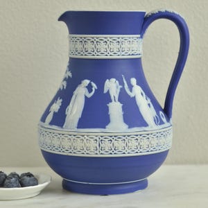 Antique Wedgwood Jasperware Water Pitcher – 6.5&quot; Blue & White Classical Relief Jug, Marked England, 1891–1908