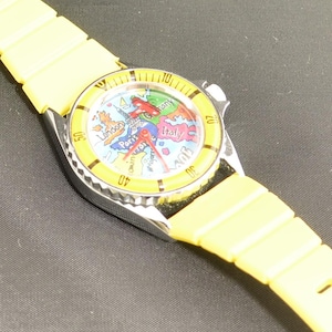 Colorful vintage European travel watch featuring country map graphics, analog movement, and unique airplane seconds hand detail