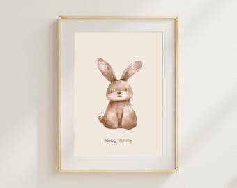 Gepersonaliseerde konijnenkwekerijkunst, aquarel babynaamafdruk (digitale download)
