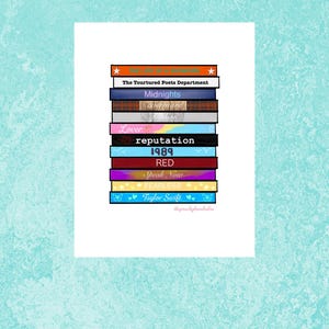 May include: A stack of colorful books with titles including "The Tourtured Poets Department", "Midnights", "evermore", "Lover", "reputation", "1989", "RED", "Speak Now", "FEARLESS", and "Taylor Swift". The image has a white background with a light blue textured background.