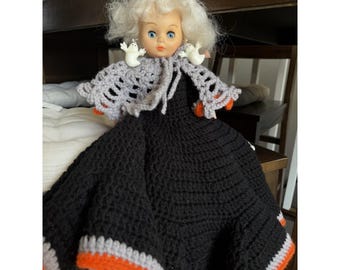 Vintage Handmade Halloween Witch Girl Doll Crocheted Blinking Eyelids 15"