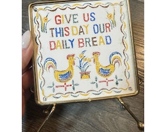 Vtg Japan Give Us this Day with Roosters 4x4 Tile Napkin Holder Metal Frame