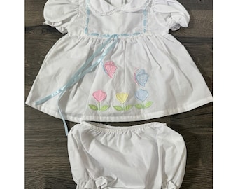 Vintage Baby 2pc  Sears 0-6 Month White Embroidered Tulips, Butterflies Dress