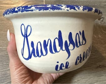 Bol grande de cerámica vintage de 6 pulgadas, estilo helado del abuelo, pintura cobalto, arte popular.