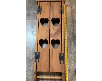 Wooden Wall Shelf with 4 Heart Cutouts On Doors Design VTG Country Cottage Decor