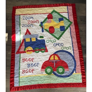 Nojo Baby Quilt Zoom Zoom Train Car Airplane Primary Colors 34"x44" Vintage