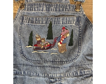 Peto de osito de peluche Y2K: Vaqueros vintage con estampado navideño de mezclilla, talla M