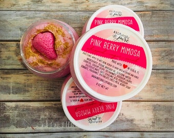 MIMOSA DE BAYA ROSA: Exfoliante de azúcar batido / Crema de afeitar exfoliante corporal / Jabón batido / Crema de afeitar / Látigo de baño espumoso / Mantequilla de baño / Champán