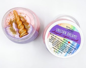 SUEÑOS DE UNICORNIO: Exfoliante de azúcar batido / Exfoliante emulsionado / Jabón batido / Jabón de afeitar / Jabón de unicornio / Crema de baño batida / Manteca de baño / Frutos rojos