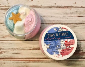 ESTRELLAS Y RAYAS: Exfoliante de azúcar batido / Frambuesa azul, cereza y limón / Exfoliante emulsionado / Jabón batido / Jabón de crema de afeitar / Látigo de baño