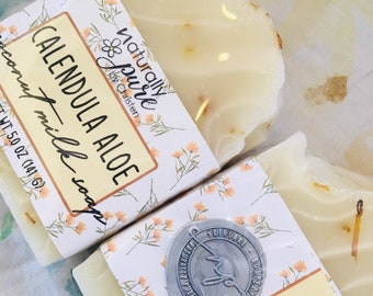 CALÉNDULA ALOE, Jabón de leche de coco, Jabón de aloe vera, Jabón de manteca de karité, Jabón artesanal, Sin fragancia, Sin colorantes, Caléndula orgánica, Jabón