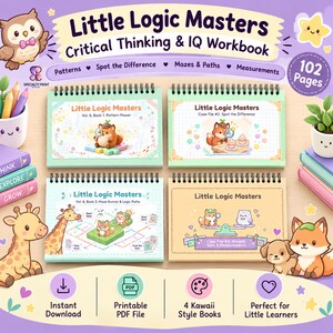 Può includere: Quattro quaderni di esercizi a spirale intitolati Little Logic Masters con attività di pensiero critico. Le copertine mostrano illustrazioni colorate di animali, tra cui una volpe e un gufo, con testi su schemi, trova le differenze, labirinti e misurazioni.