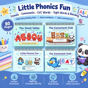 Może przedstawiać: Zestaw czterech książek edukacyjnych w oprawie spiralnej zatytułowanych Little Phonics Fun, z kolorowymi ilustracjami zwierząt i postaci. Okładki zawierają teksty takie jak The Vowel Valley oraz The Consonant Club do nauki czytania.