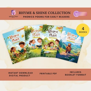 Pode incluir: Quatro livros infantis intitulados "Rhyme and Shine" com ilustrações de crianças lendo e brincando ao ar livre. Os livros fazem parte da "Rhyme & Shine Collection" e são poemas de fonética para os primeiros leitores. A imagem também indica "Download instantâneo produto digital" e "PDF imprimível".