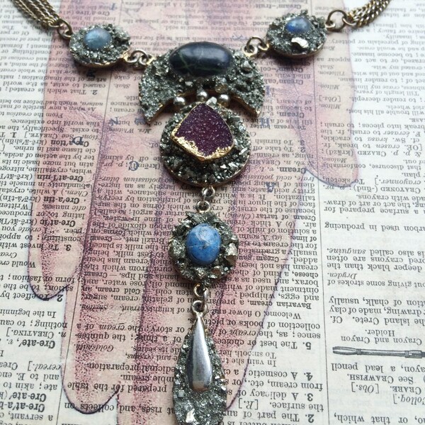 Queen of Caverns Necklace // Pyrite and Gemstone Accented Antique Statement Pendant Necklace