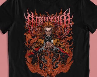 Pode incluir: Camiseta preta com uma ilustração detalhada de um personagem com cabelo flamejante e um casaco com padrão amarelo e preto. O gráfico inclui a palavra "ANIMATED" em uma fonte estilizada em forma de chama, com detalhes em laranja e vermelho.