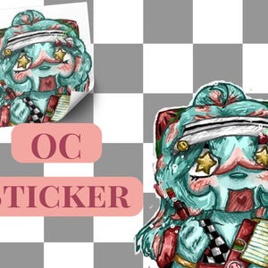 May include: A sticker featuring a teal-haired character with star-shaped eyes, a white headband with cherries, and a red notebook. The text OC STICKER is displayed in pink boxes. The character has a checkered pattern on their clothing.