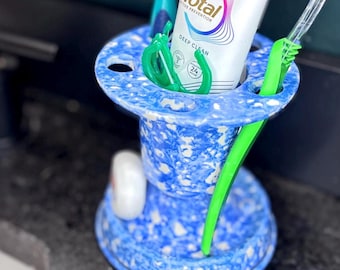 Soporte para cepillos de dientes de cerámica vintage Stangl, azul, con diseño de esponja, organizador de tocador y decoración de baño.