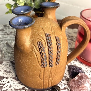 Vintage Steve Ashley Studio Pottery Fertility Vase, Signed 2000 Kansas Wheat Relief, Triple Neck Ceramic Vase, Blue Glaze Accents, Handmade