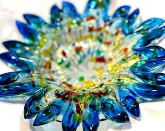 Vintage Murano Style Art Glass Bowl – Confetti Glass Centerpiece with Ruffled Edge – Italian Hand Blown Decorative Bowl