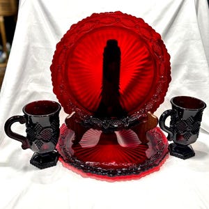 Vintage Avon Cape Cod Ruby Red Glass Set: Plates and Mugs