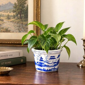 Vintage Blue White Chinoiserie Cachepot, Asian Landscape Footed Ceramic Planter Jardiniere