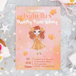 May include: A pink invitation card with the text "Isabella's Twirly Two-sday" and a cartoon illustration of a girl in a yellow dress. The card includes the date, time, and location of the event. The background has butterfly and star decorations.