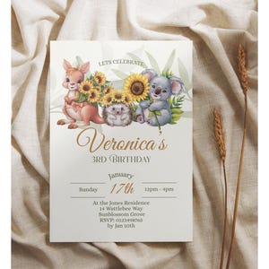 Zonnebloem dier verjaardag kinderfeestje uitnodiging sjabloon, Instant Download aanpasbare uitnodiging 5 x 7