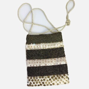 Vintage Cream Silk Bronze Beaded Sequined Evening Corded Strap Evening Bag 5x7