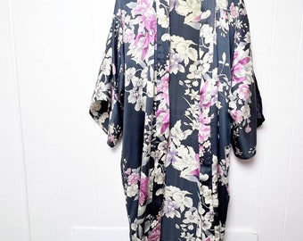 Vintage seda gris lavanda orquídea impresión kimono mujer talla única